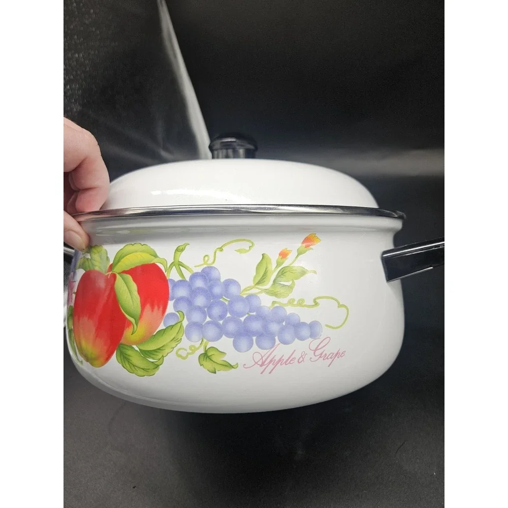 Vintage Enamelware Apple & Grape Large Pot W/ Lid